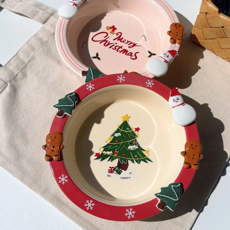 8inch Christmas Tree Style Disc,Household Cartoon Gingerbread Man Dim Sum Dish Plate,Cute Girlish Heart Straw Hat Bowl Tableware