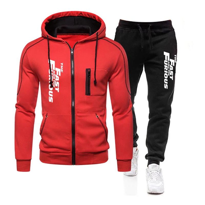 Sweatshirts for Men Casual Men\'s Clothing Two Piece Set Sports Zipper Jacket+Sports Pants Suit Fast and Furious Hooded Tracksuit