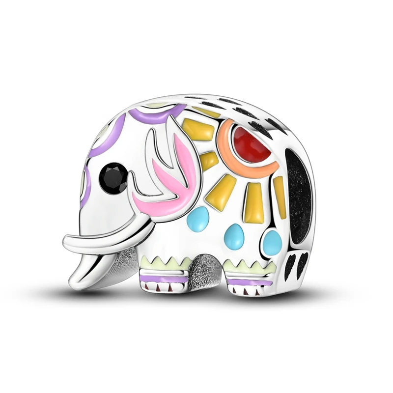 

925 Sterling Silver Painted Elephant Charms Besds Zircon Dangle Fit 3mm Original Bracelet DIY Women Birthday Jewelry Gifts