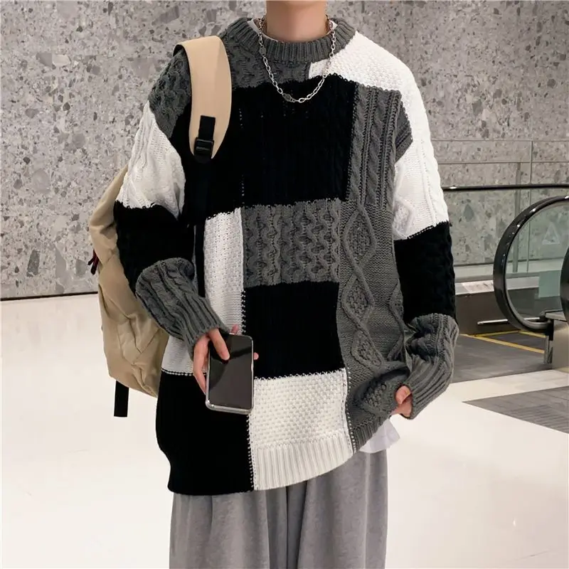 American Retro Patchwork Pullovers Knitted Autumn Winter O-Neck Men\'s Clothing Casual Loose Fashion Contrasting Colors Sweaters