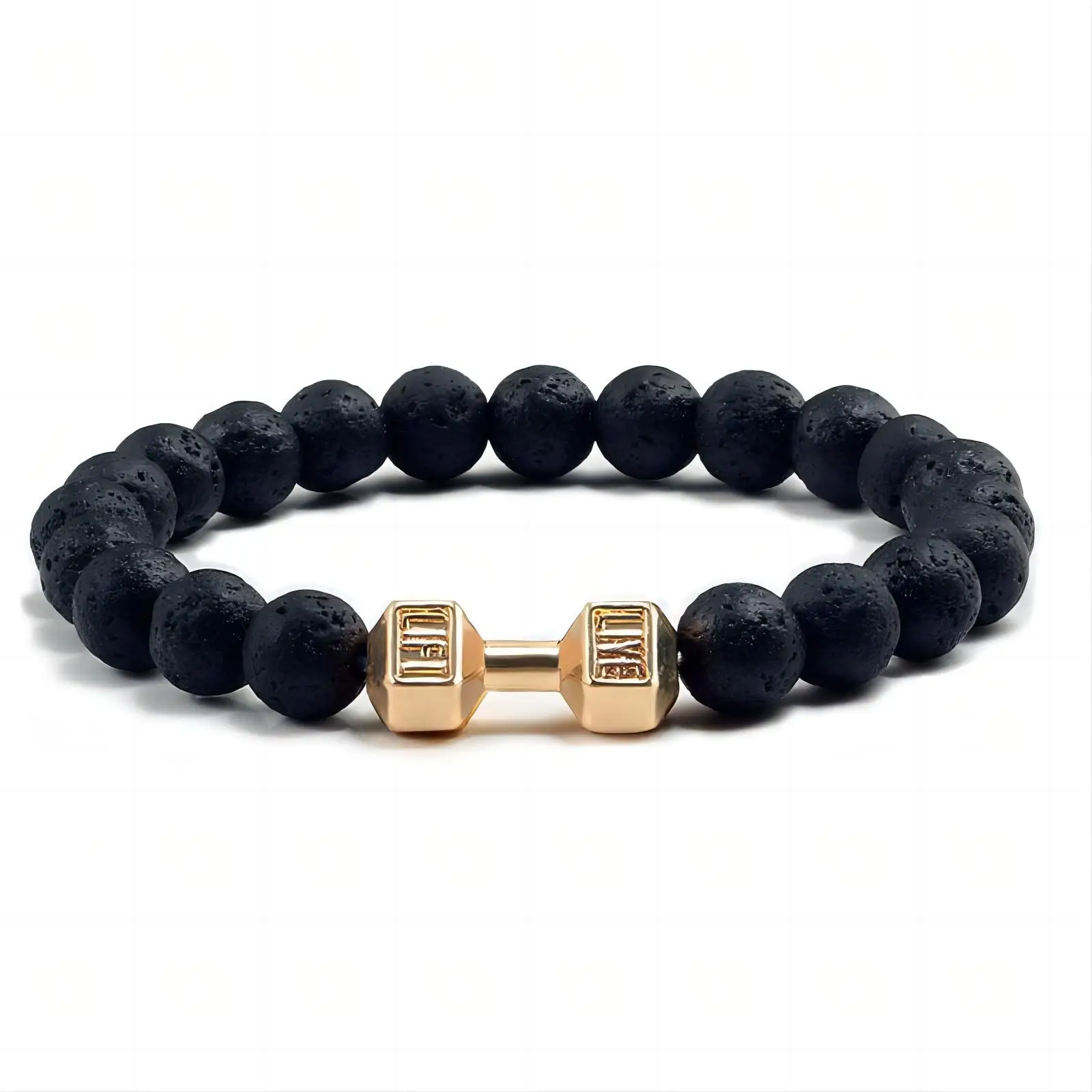 1pc Natural Black Volcanic Lava Stone Dumbbell Bracelet Black Matte Beads Bracelets For Women Men Fitness Barbell Jewelry Pulser