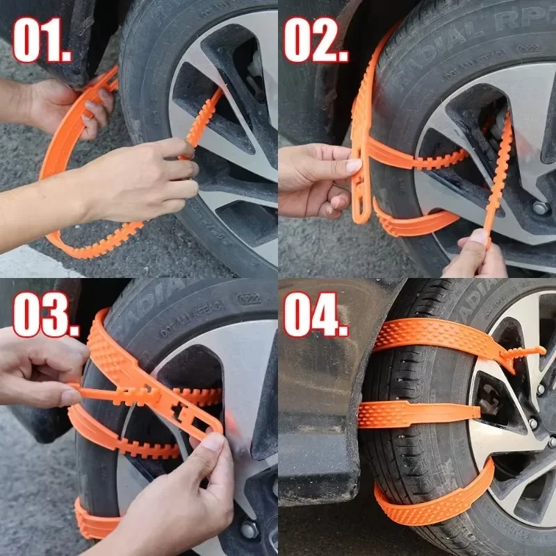 10PCS Car Tyre Anti-skid Chain Winter Anti-Slip Tyre Ties Outdoor Snow Orange Thickened Non Slip Chains Emergency Accessories