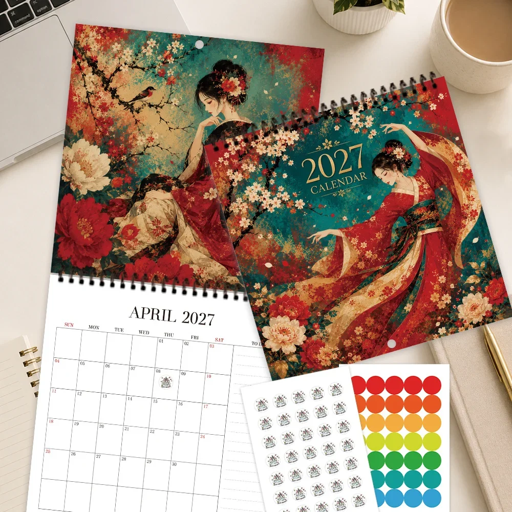 1pc 2027 Wall Calendar,Hanfu Beauty Theme, 12-Month Monthly Planner, Perfect Gift For Back-to-school Season, Christmas, New Year