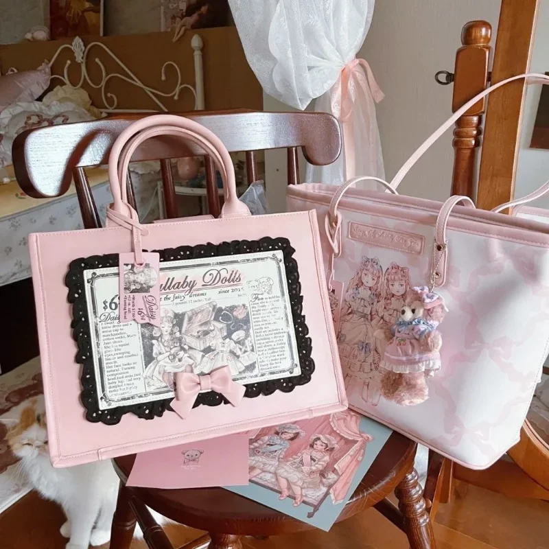 Sacs à main vintage rose doux pour femmes, sac à bandoulière classique Lolita Bow, sac fourre-tout en PU pour adolescentes, Harajuku, grande capacité