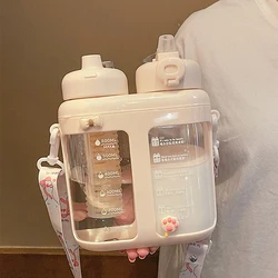 Cute Double Drink Plastic Water Bottles With Straw Tea Filter Portable Strap Large Capacity Juice Cup Heat Resistance BPA Free