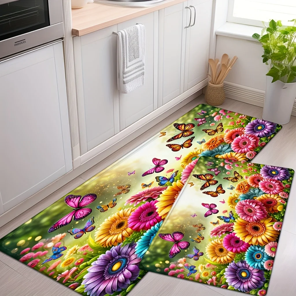 Sunflower and Butterfly Pattern Kitchen Mat, Absorbent and Non-Slip, Comfortable Standing Mat, Mat for Living Room, Bedroom, B