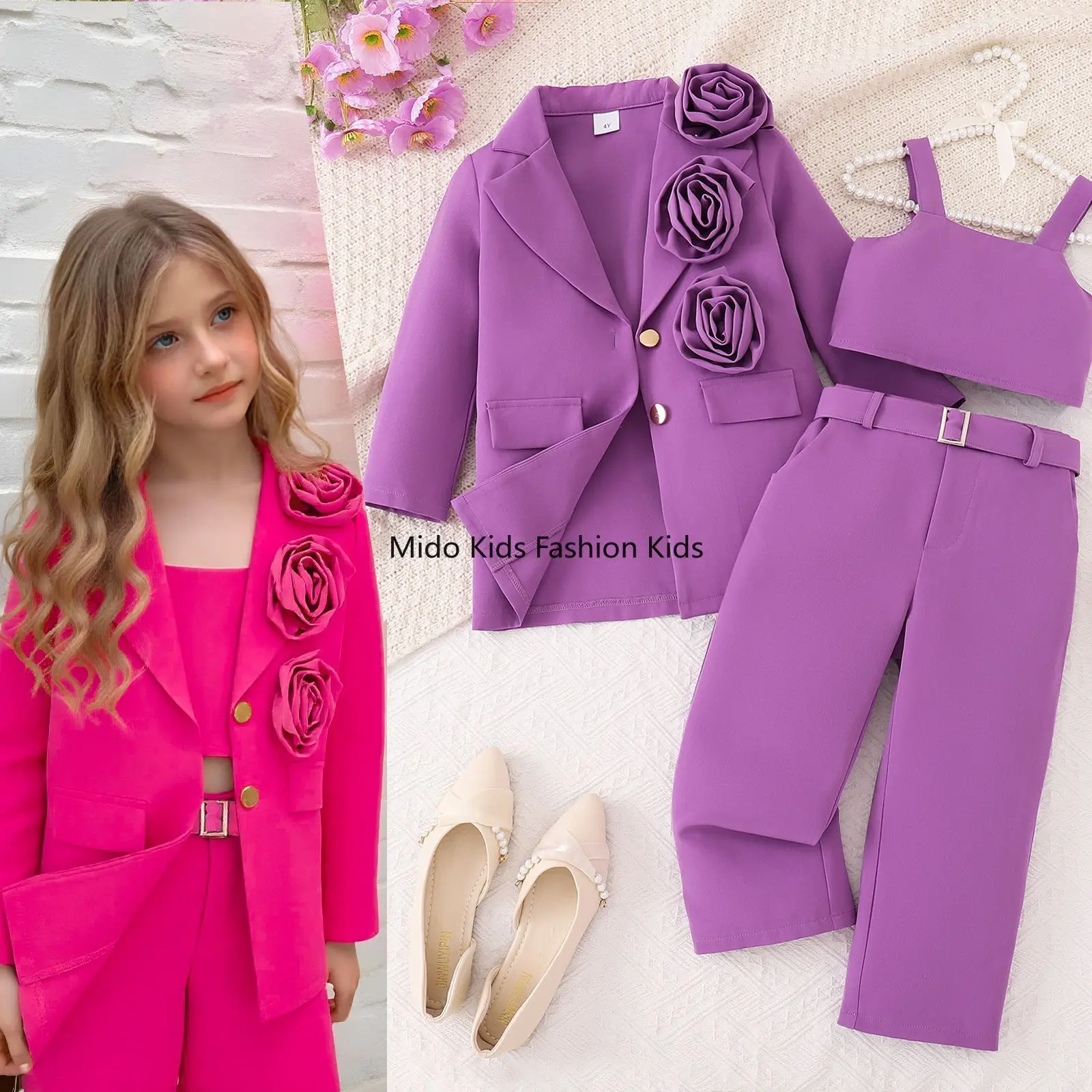 Girls' Autumn/Winter New Collection Solid-Colour 3D Floral Blazer with Strappy Vest and Trousers Multi-Piece Set