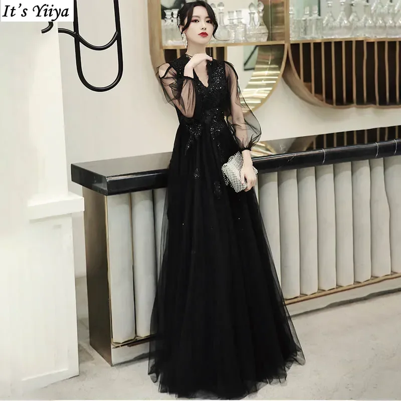 It's Yiiya Customized Evening Dress Black Appliques Beads V-Neck Floor-Length A-Line Black Plus size Woman Formal Party Gowns