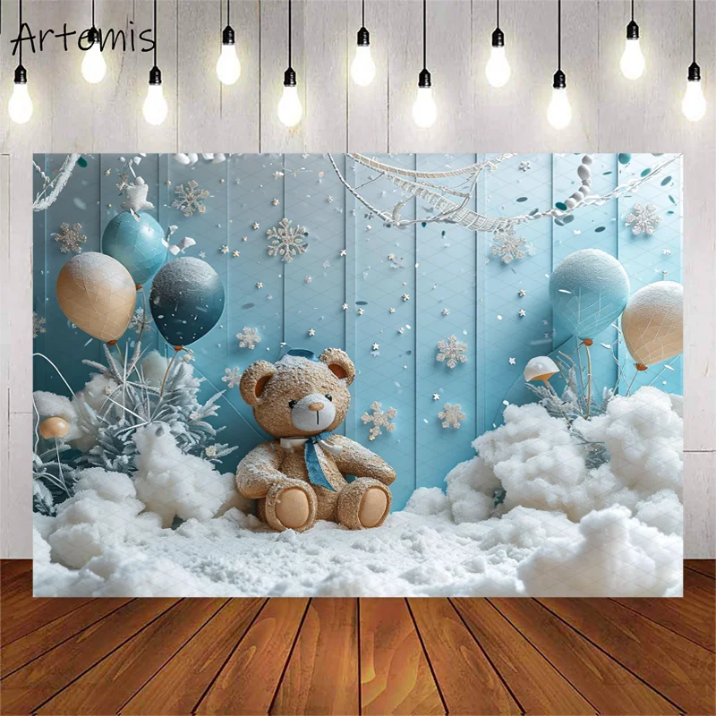 Photography Backdrop Toy Bear Balloons Dark White Sky-blue Snow Scenes Baby Shower Kid Birthday Portrait Background Photo Studio