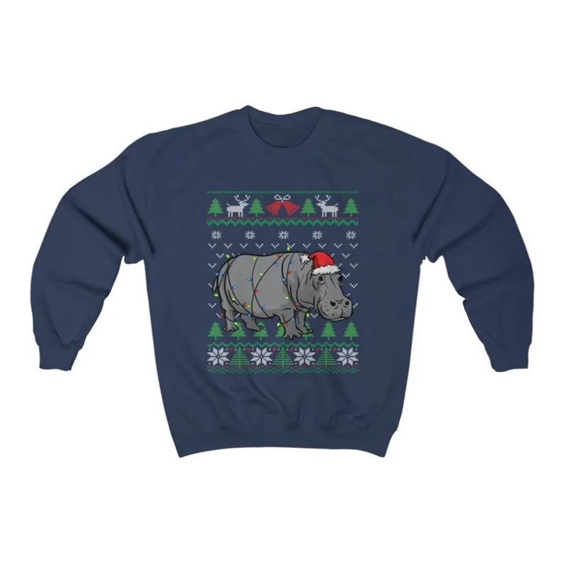 Süßes Nilpferd, hässliches Weihnachts-Sweatshirt, Nilpferd, Weihnachtsmütze, eingewickelt in Weihnachtsbeleuchtung, lustiges Geschenk für afrikanische Tierwelt, Nilpferd-Liebhaber