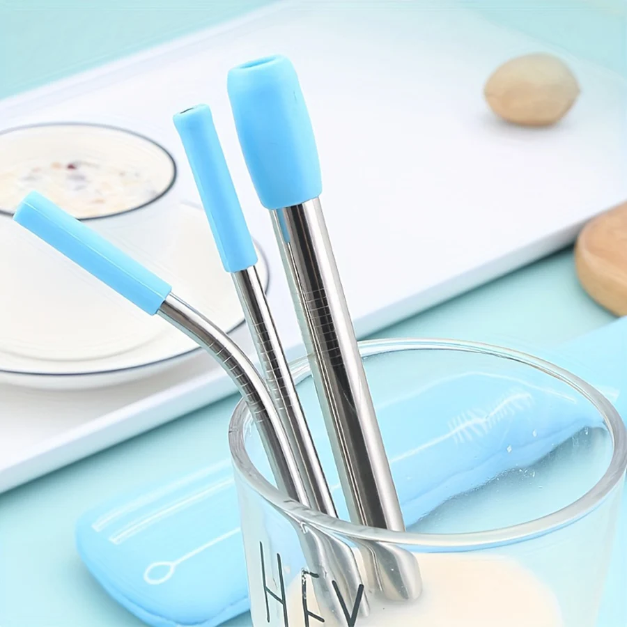 stainless steel straw set Coffee milk tea juice straw Straight pipe elbow pipe with cleaning brush and storage bag
