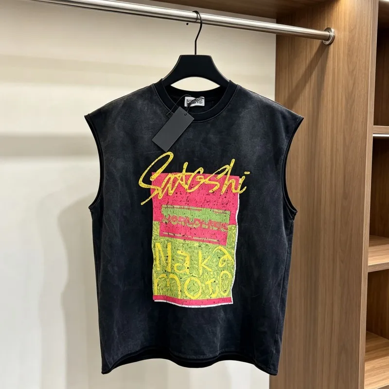 Summer Colorful Contrasting Block Retro Cracked Print Washed Cotton Black Waistcoat Oversize Men Women SATOSHI Sleeveless Tshirt