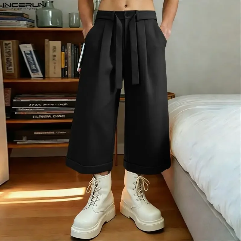 

Мужские брюки INCERUN, однотонные, на пуговицах, джоггеры, мужские брюки с поясом, уличная одежда, свободные, модные брюки до середины икры 2026, мужские, размеры S-5XL