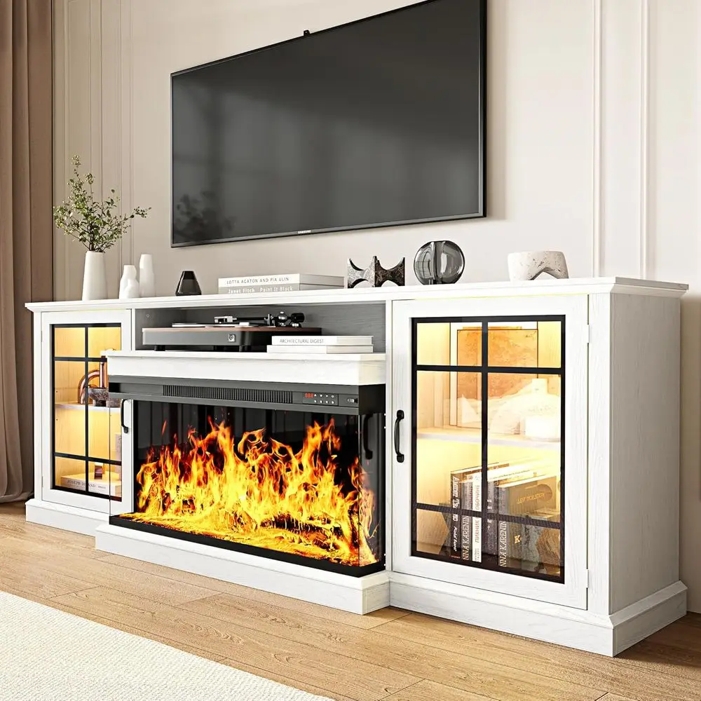 

White Farmhouse Style 80 TV Stand with Glass and LED Flame, Modern Entertainment Center for Living Room