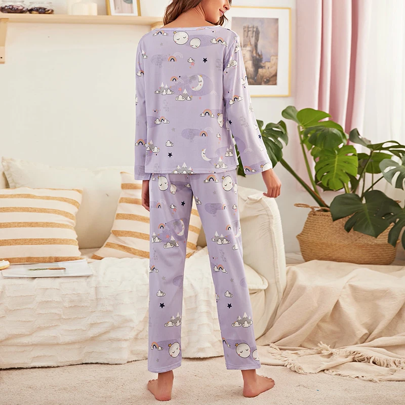 Women's Heart Print Pajamas Pj Set Autumn Long Sleeve Tops & Elastic Waistband Pants Loose Soft Comfortable Casual Home Clothes