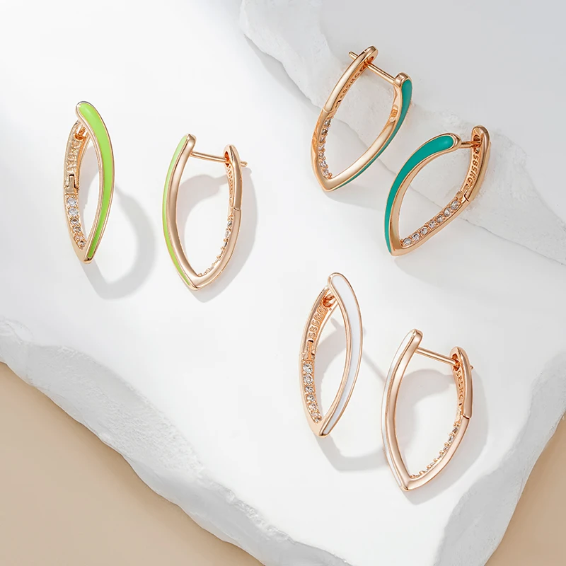 Kinel Hot Fashion 585 Rose Gold Color Green Enamel Drop Earrings For Women Girl Wedding Party Natural Zircon Eardrop Jewelry