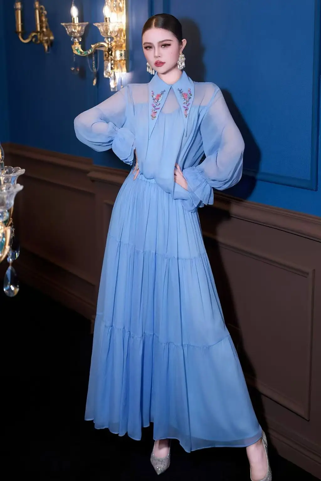 Spring High-end New Lapel Bead Embroidered Petal Sleeve Shirt+Elastic Waist Half Skirt Silk Women's 2-Piece Set M-XL