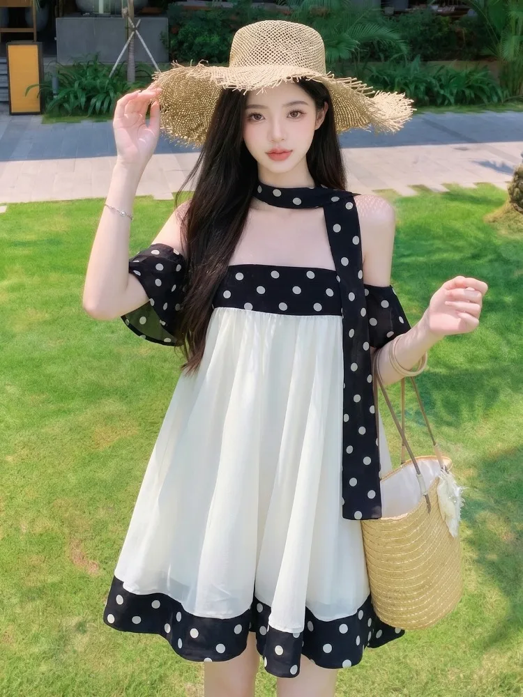 

Summer New Polka Dot Strapless Dress Women's Loose Slimming Mesh Short Skirt Casual Sweet Style Princess Fit for plus Size