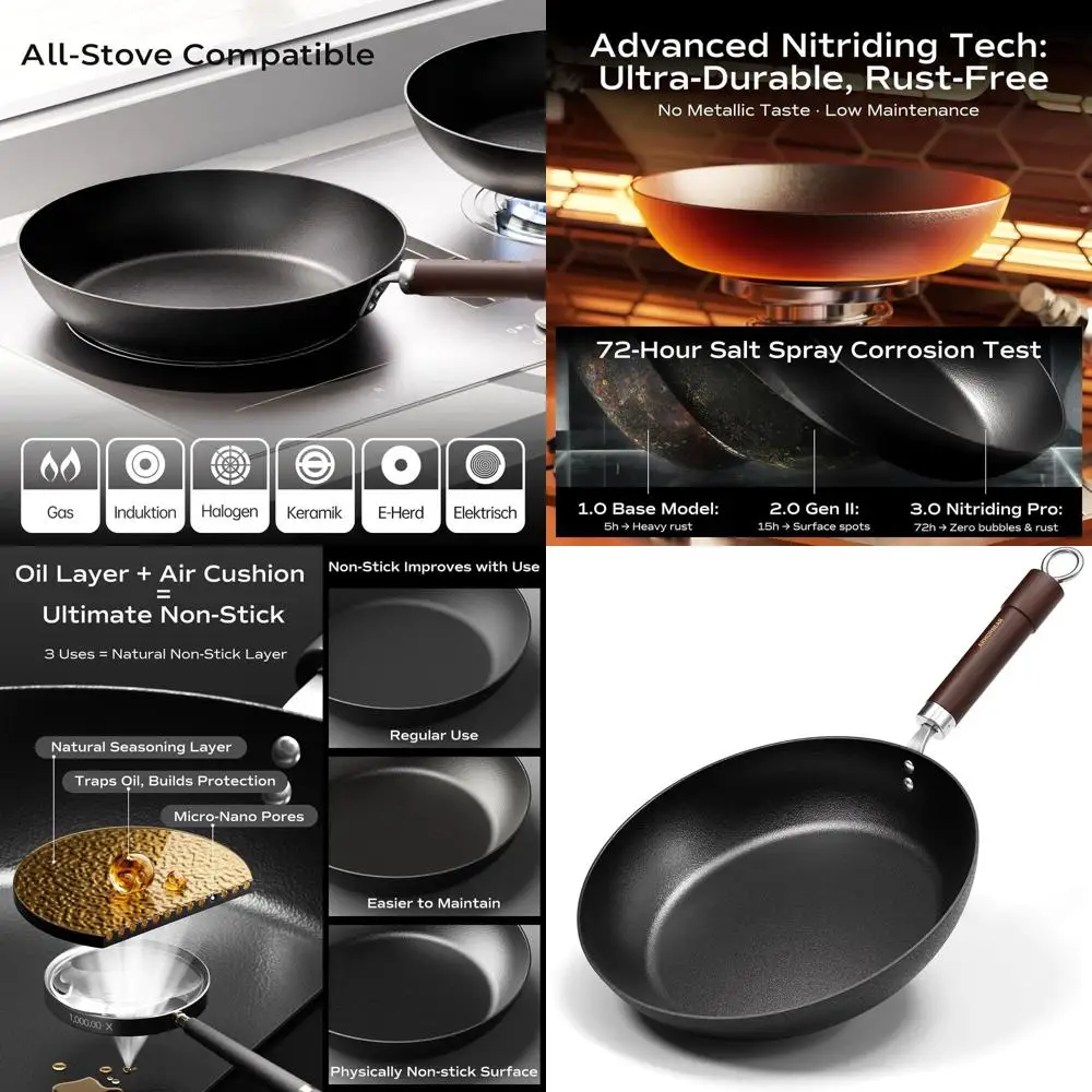 

11-Inch Pre-Seasoned Carbon Steel Skillet with Wooden Handle, Ideal for Cooking, Camping, and Outdoor Use