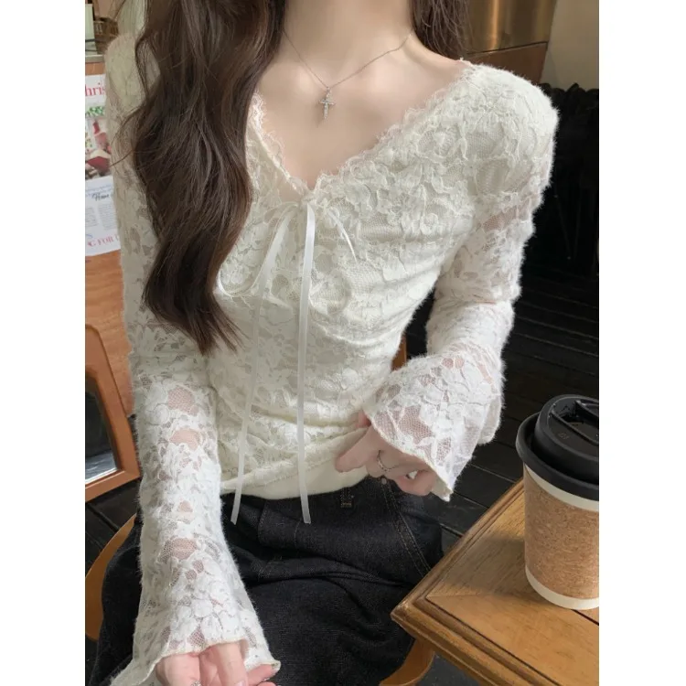 Winter Damen Fce gefütterte bestickte Spitze irt V Ne Fliege Slim Fit Pure Desire Design Sense Top Knot