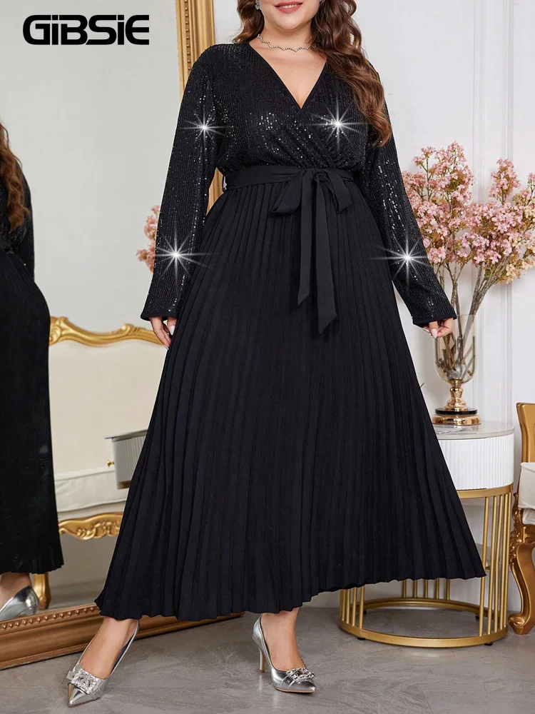 GIBSIE Plus Size Surplice Neck Belted Sequins A-line Dress Women 2025 Autumn Long Sleeved Party Elegant Pleated Long Dresses