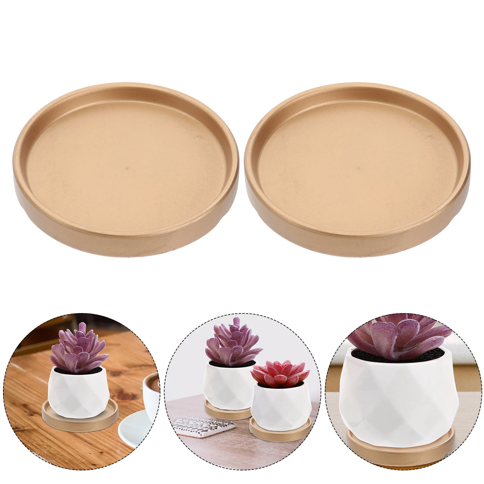 

2Pcs 11.5x11.5x1.5cm Round Pot Tray Durable Water Resistant Base for Indoor Outdoor Use Golden Plant Pots Tray