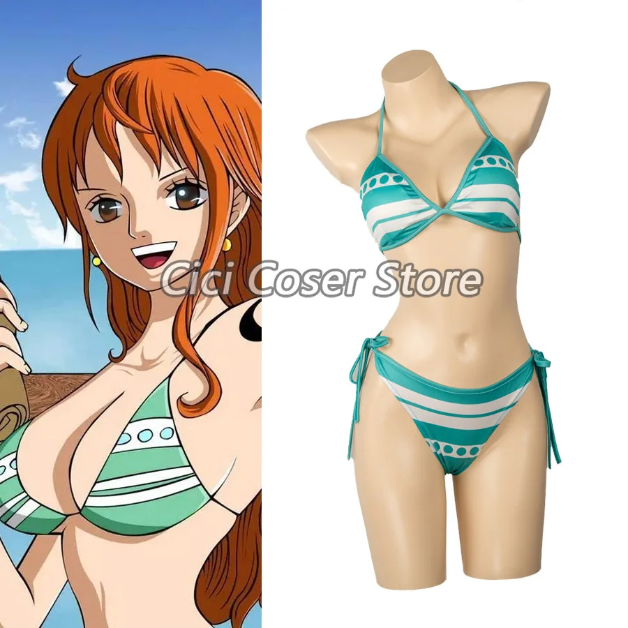 

Японское аниме Нами Косплей Костюм Сексуальный Купальник Бикини Зеленые Белые Полосы Женщины Летние Купальники Купальный Костюм Хэллоуин Вечеринка