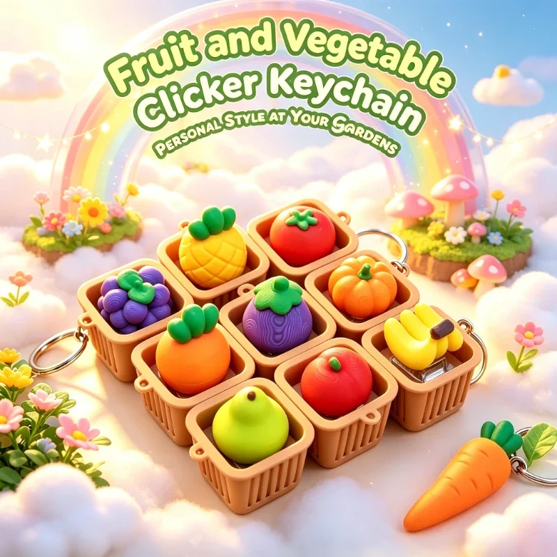1~5PCS Fruit and Vegetable Clicker Keychain, Decompression Button Backpack Pendant Relieve Stress Souvenir Holiday Birthday Gift