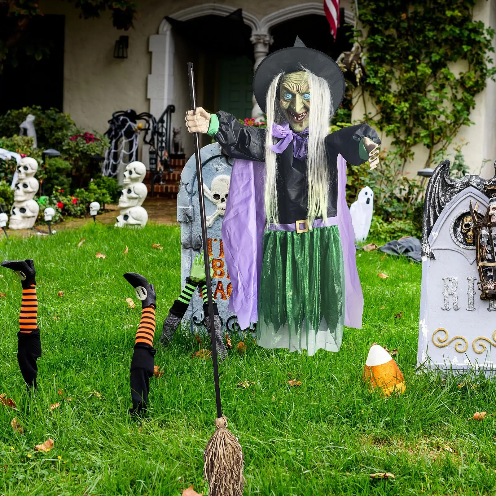 170cm Halloween Flying Witch Decor Halloween Animatronic Witch on Broom with Light-up Eyes and Scary Sound for Yard House Decor view 5