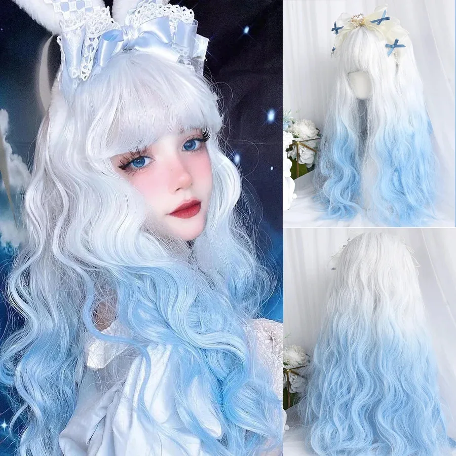 Wig Cosplay panjang, dengan poni bergelombang Harajuku lucu harian pesta Halloween wanita anak perempuan rambut hadiah ulang tahun Halloween (biru susu) Lolita