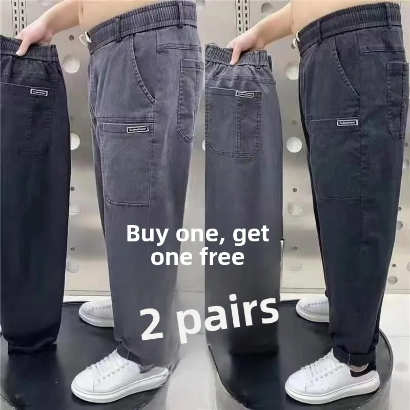 Men's Workwear Jeans Straight Leg Work Trousers Elastic Waist Durable Cotton Casual Style plus Size Spring Autumn Wear