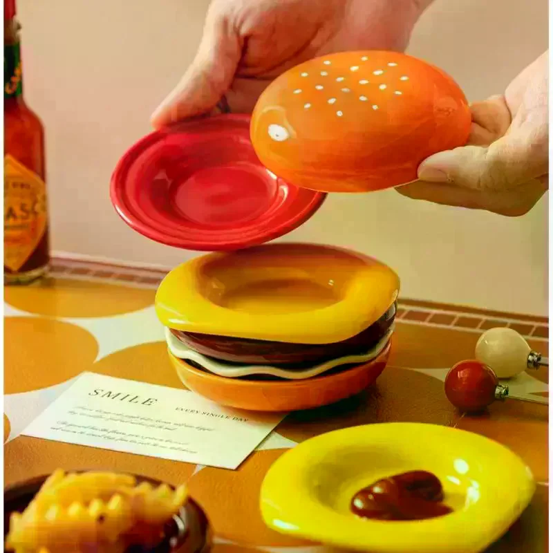 6Pcs/Set High Value Bone Spit Plate Stackable Hamburger Plate Set Burger 6 Layers Dinner Plate Funny Sauce Containers Table Dec