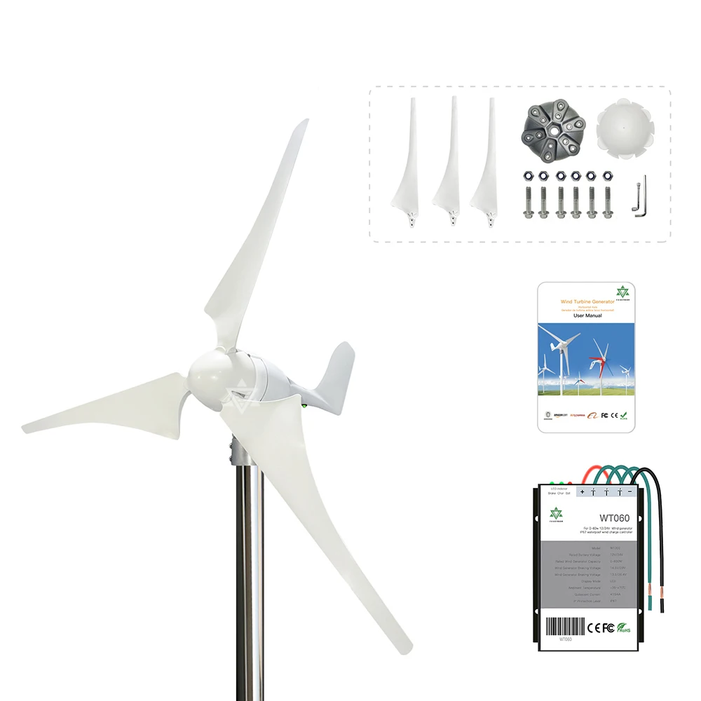 400w Small Wind Turbine Generator 2m/s Low Start Speed AC12v 24v With MPPT Controller Flexibly Assemble 3 or 5 Blades  With LED