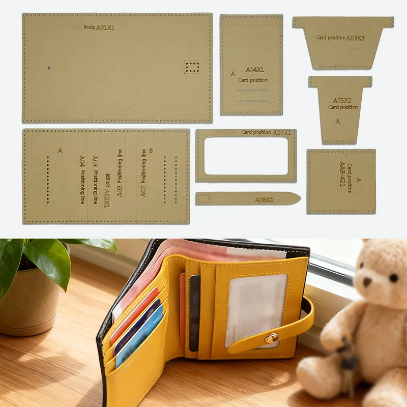 YOMDID 8PCS Handmade Leather Short Wallet with Multiple Card Slots Kraft Paper Template DIY Vertical Purse Making Template