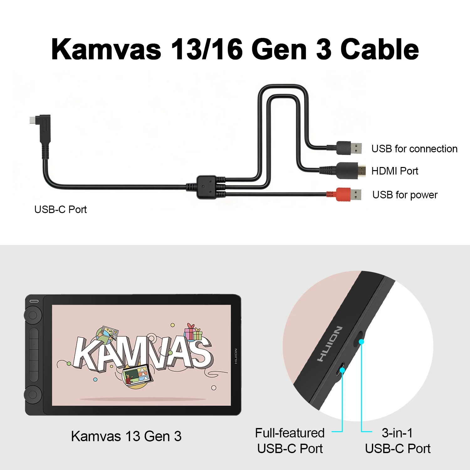 3 IN 1 Cable for Huion Kamvas 13 Gen 3, Graphics Tablet Monitor Pen Display Kamvas 16 Gen 3 Cable