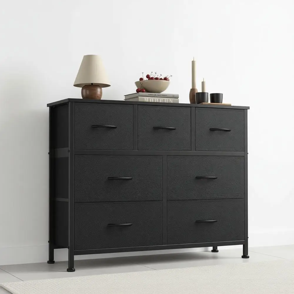 

Fabric Storage Tower Organizer for Bedroom Closet Hallway Entryway Tall Chest with Steel and Wood Top, Easy Pull Handles, Black