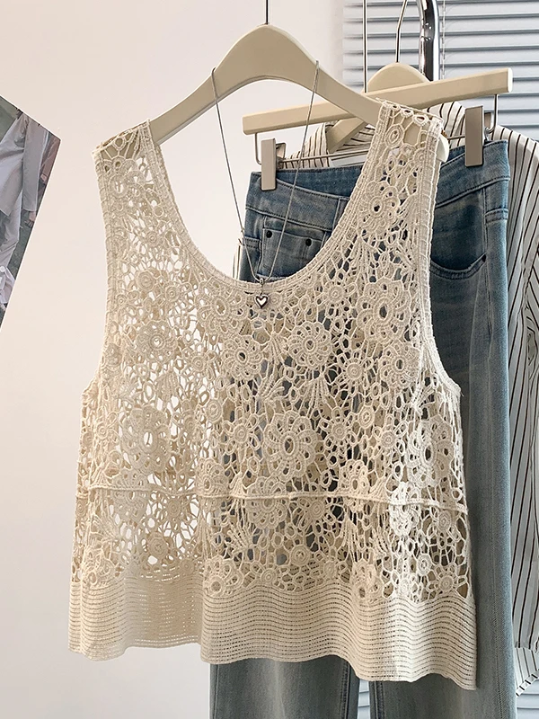 Bohemian Heavy Knitted Hooked Hollow out U-Neck Vest Women Summer New Lazy Loose Backless Sleeveless Top Breathable A-Line Na...