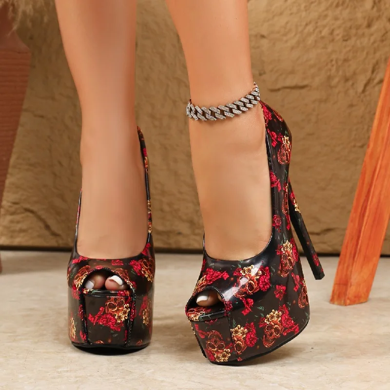 

Eilyken New Design Print Flower Peep Toe Platform Women Pumps Sexy Fetish Super Stiletto High Heels Stripper Wedding Shoes