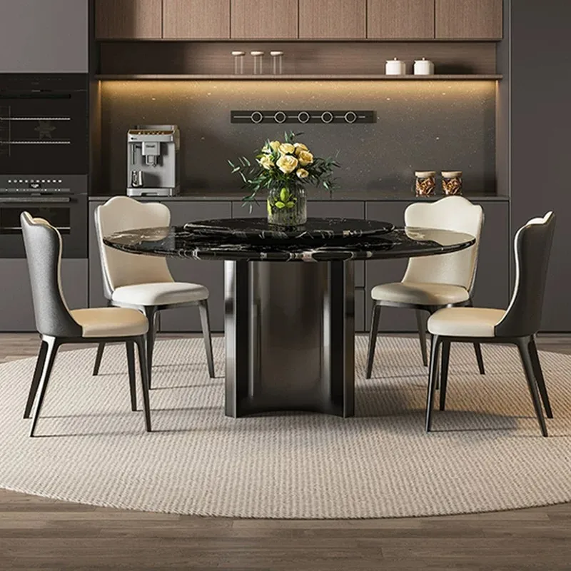 Black Rose Luxury Stone Dining Table Natural Marble Round Table Dining Table and Chairs