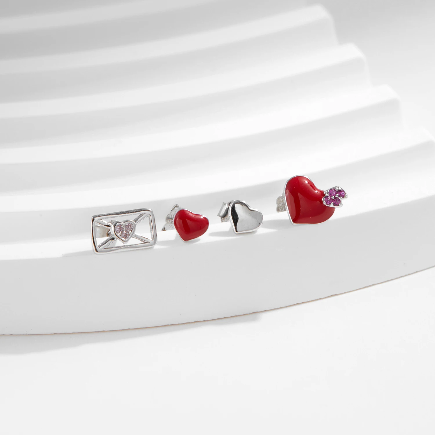 MODIAN 4 SZTUK 925 Sterling Silver Sweet Red & Mirror Heart Love Letter Tiny Earrings Zestaw dla kobiet Drobna biżuteria Prezenty rocznicowe — zdjęcie 5