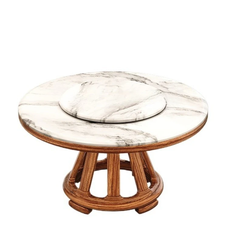 

Household Chinese dining table and chair combination living room marble round solid wood dining table with turntable
