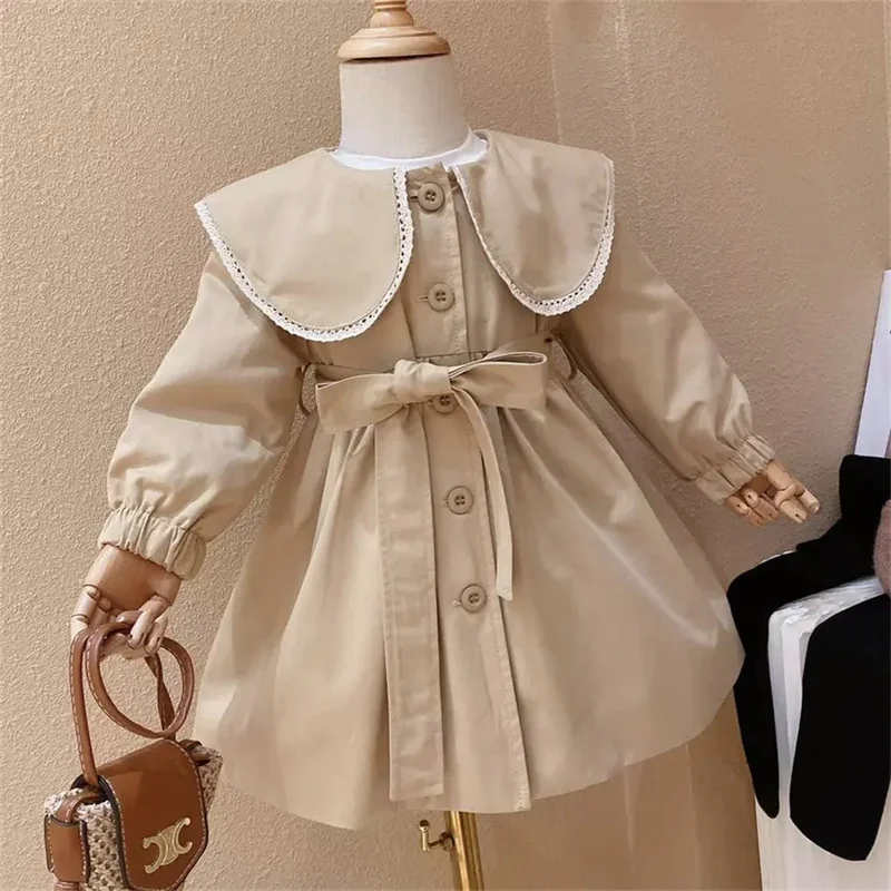 Girls Trench Coats Kids Fashion Waisted Jackets Children Turndown Collar Baby Cute Long Windbreaker Casual Outerwear Clothing