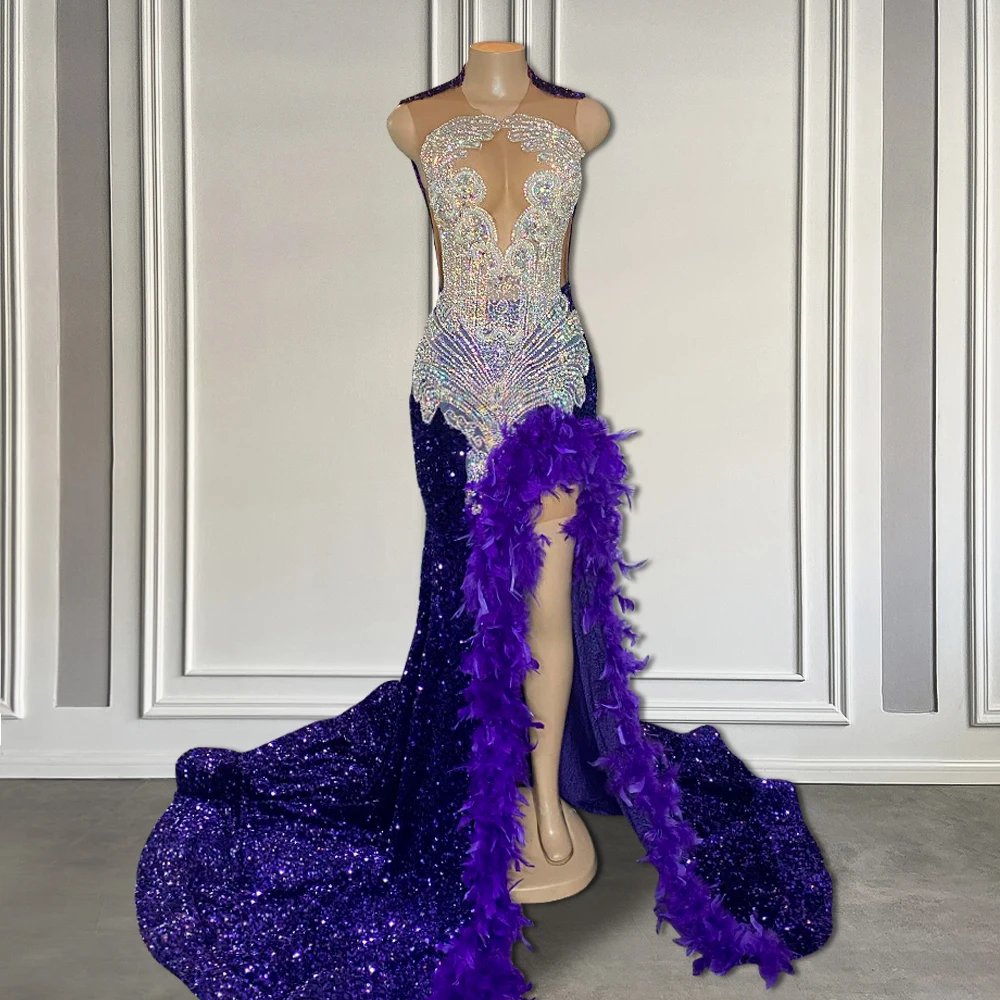 Long Purple Sequin Prom Dress 2025 with Feather High Slit Sparkly Beaded Rhinestone Mermaid Black Girls Prom Gala Formal Gowns