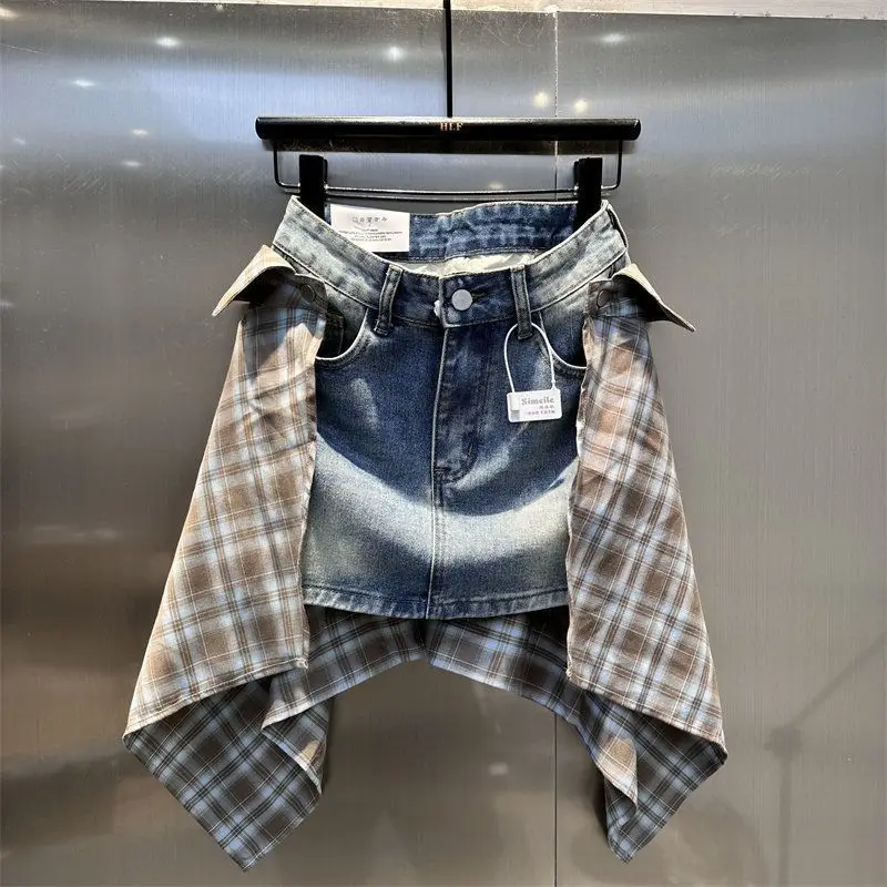 Chic plaid splicing fashionable design denim skirt women's spring and summer 2026 new versatile temperament skirt