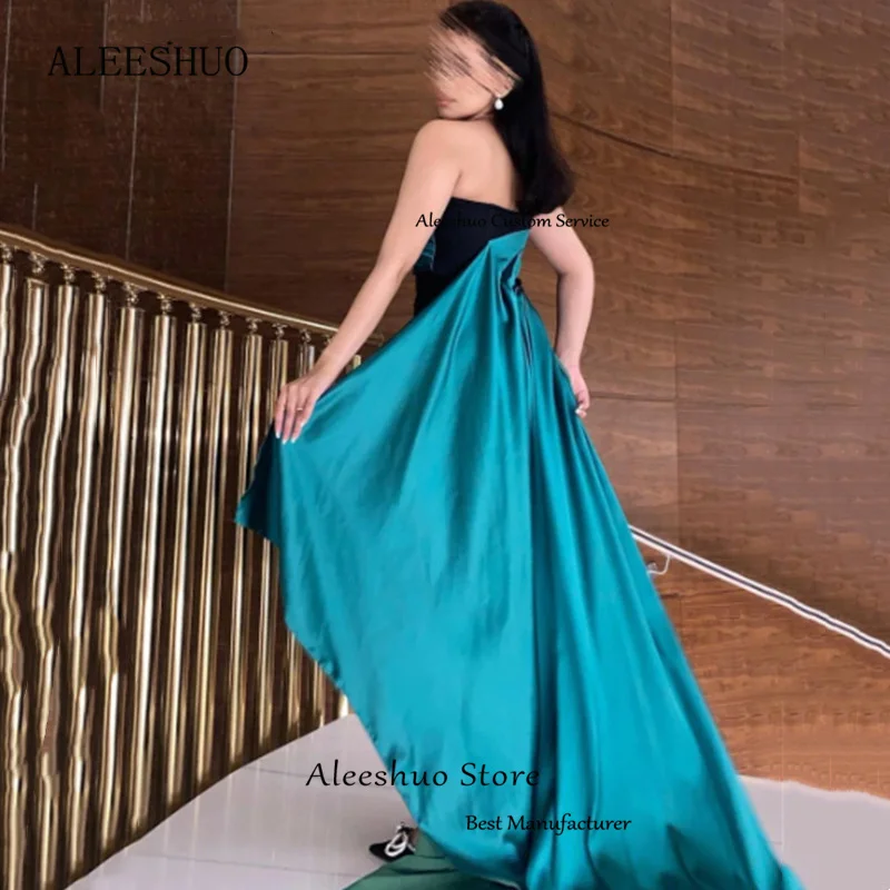 Aleeshuo gaun Prom Satin hijau Modern gaun pesta lurus tanpa lengan Formal Prom pesta tanpa tali gaun malam panjang sepergelangan kaki