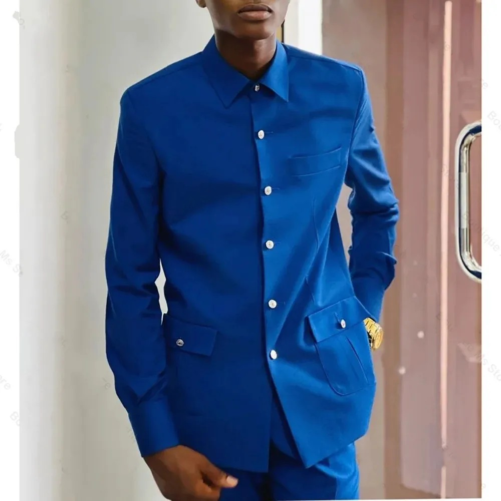 

Мужские костюмы для жениха, синие комплект из 2-х предметов, однобортный дизайн с двумя карманами, свадебные смокинги для выпускного вечера, вечернее платье, мужская одежда на заказ