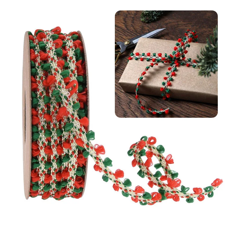 1Roll Christmas Ribbon Red Green Woolen Edge Ribbon DIY Handmade Bow Gift Box Wrapping Ribbons New Year Party Craft Decoration