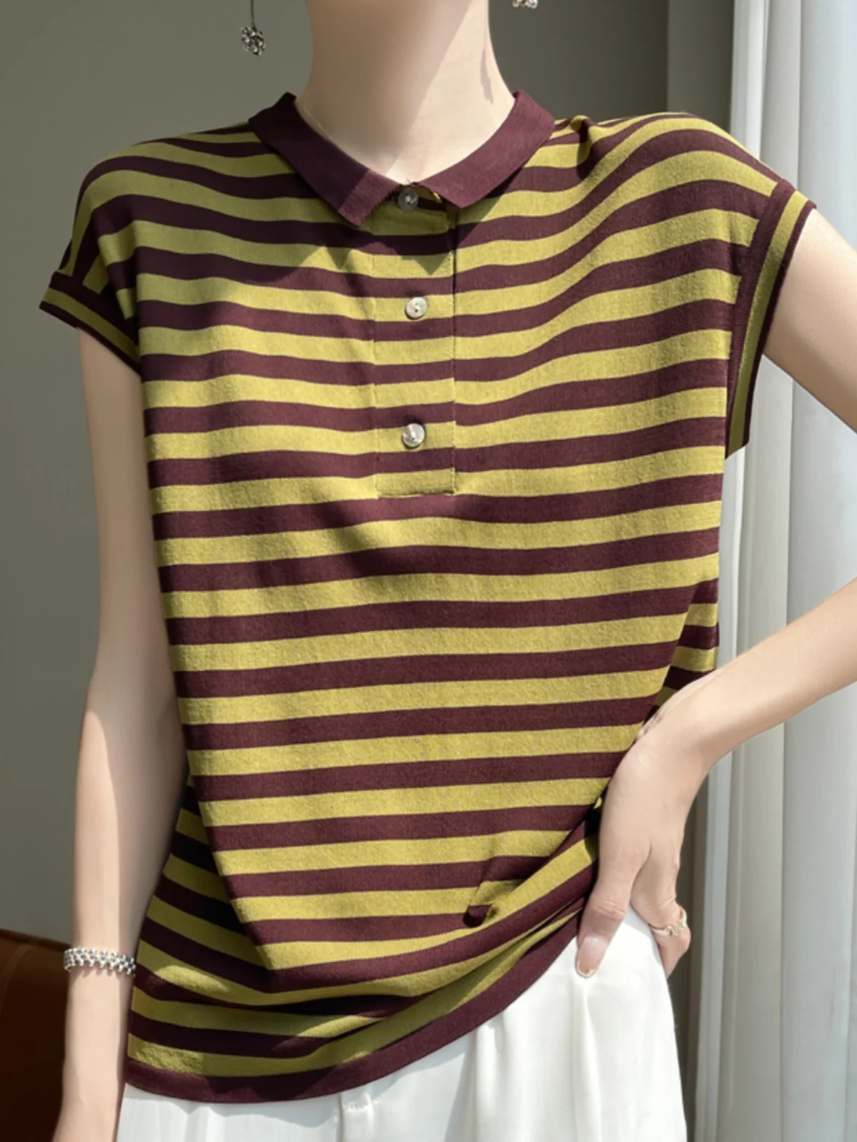 

Collar Ice Silk ort Sve T-irt Women Summer Thin New Stripe Design Anti-Aging Top Small irt Ele Turn-down Co...