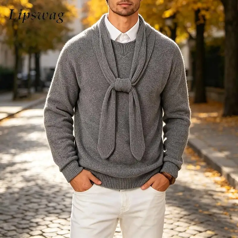 Retro Men Knitted Pullover Sweater Autumn Winter Stand Collar Attached Tie Design Solid Color Daily Mens Fashion Knit Tops Men