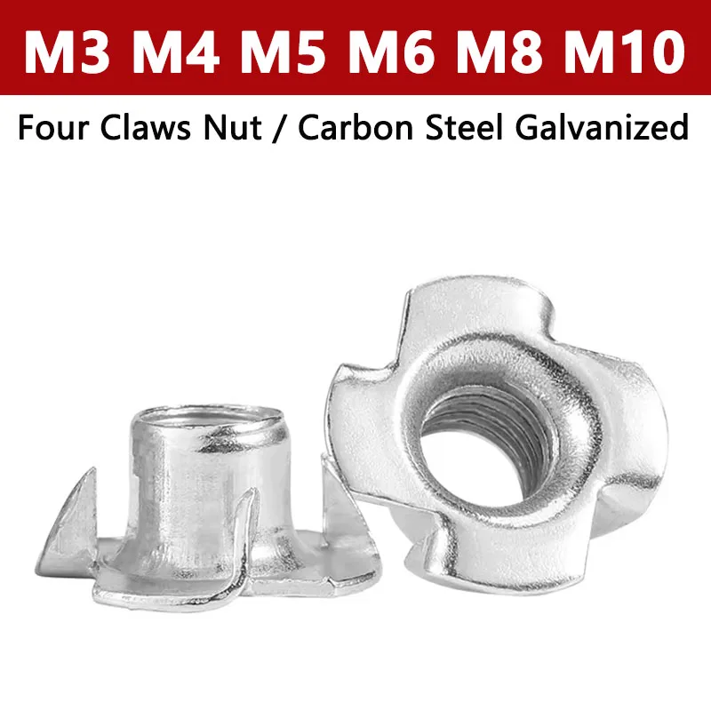 10-50pcs M3 M4 M5 M6 M8 M10 Four Claws Nut Four Corner Nail Four-legged Nail Zinc Plated Furniture Nut Wood Insert Metric